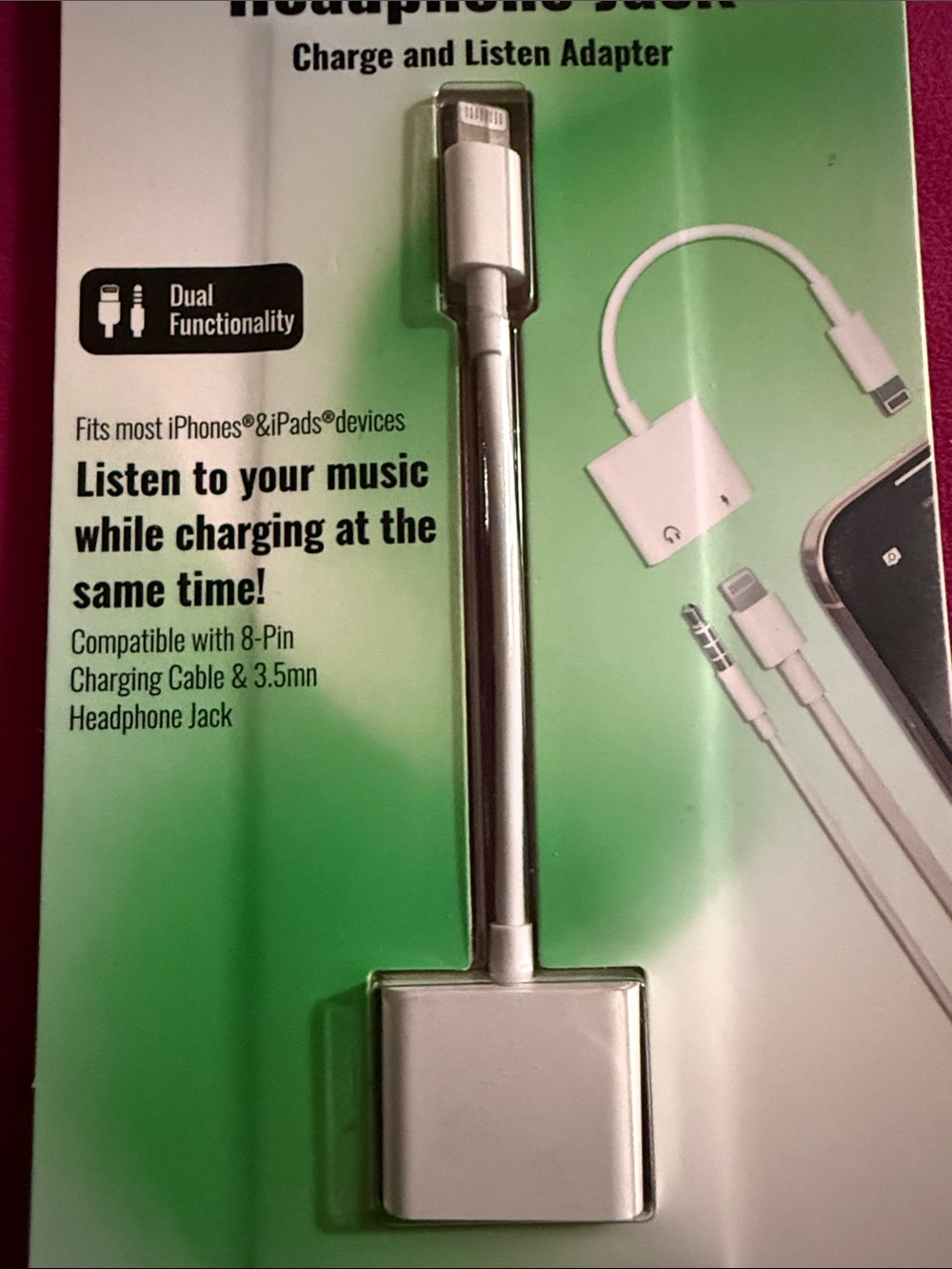 Silver Lightning to 3.5mm Headphone & Charging Adapter — Dual Function
